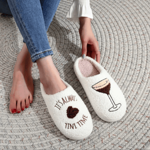 Martini Time Embroidered Furry Indoor Slippers for Cozy Comfort