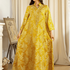 Elegant Embroidered Beaded Jalabiya Gown with Long Sleeves