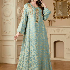 Elegant Floral Print Jacquard Jalabiya with Beaded Appliques Elegant Floral Print Jacquard Jalabiya with Beaded Appliques