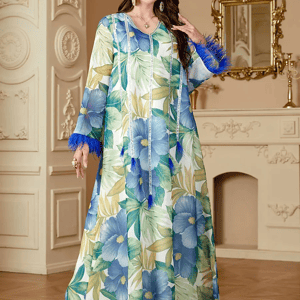 Elegant Floral Print Jalabiya with Appliques and Long Sleeves