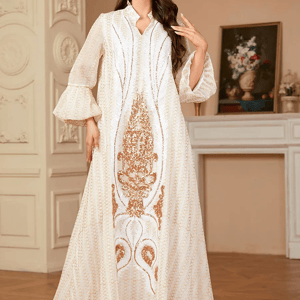 Sequin V-Neck Jalabiya with Flare Sleeves for Ramadan Wear