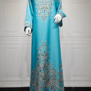 Elegant Floral Beaded Round-Neck Kaftan with Long Sleeves