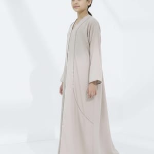 Melange Fabric Beige Kids Abaya with Lace On Front & Cuffs Msquare Fashion - Kids's Abayas 1