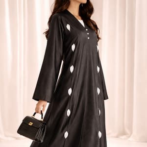 Victoria Satin Petal Detail Abaya I Classic Black Msquare Fashion - Women's Abayas 1