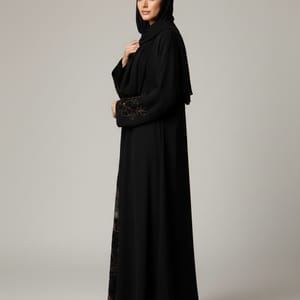 Premium Black Korean Nida Abaya - Elegant Handwork & Lace Floral Embroidery with Chiffon Headscarf Msquare Fashion - Women's Abayas 1