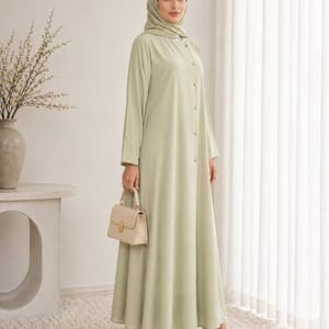 Sage Mist Korean Nida Abaya - Asymmetrical Button Design with Matching Chiffon Headscarf Msquare Fashion - Women's Abayas 1