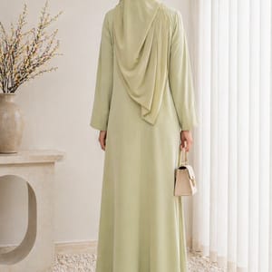 Sage Mist Korean Nida Abaya - Asymmetrical Button Design with Matching Chiffon Headscarf Msquare Fashion - Women's Abayas 3