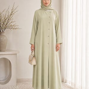 Sage Mist Korean Nida Abaya - Asymmetrical Button Design with Matching Chiffon Headscarf Msquare Fashion - Women's Abayas 9