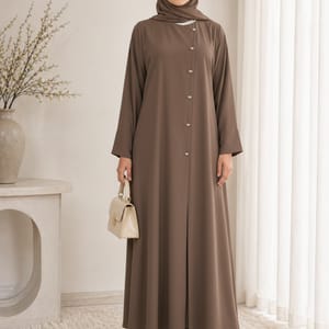 Brown Korean Nida Abaya - Asymmetrical Button Design with Matching Chiffon Headscarf Msquare Fashion - Women's Abayas 9