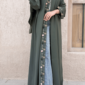 Msquare Fashion Hand-Embroidered Green Barbie Crepe Abaya with Headscarf
