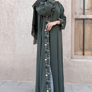 Msquare Fashion Hand-Embroidered Green Barbie Crepe Abaya with Headscarf