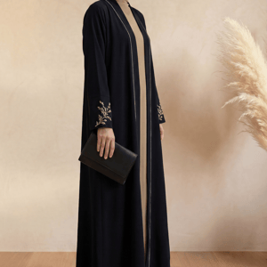 Msquare Fashion Black Kimono Abaya with Gold Embroidery and Chiffon Hijab
