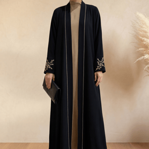 Msquare Fashion Black Kimono Abaya with Gold Embroidery and Chiffon Hijab