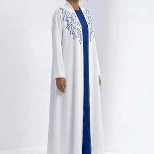 White Abaya with Blue Threadwork Embroidery and Royal Blue Inner Dress