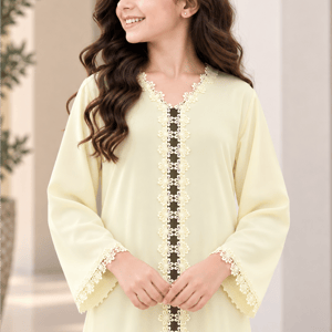 Msquare Fashion Girls’ Pastel Yellow Nida Abaya with Lace and Headscarf