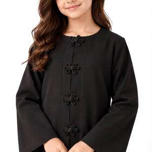 Msquare Fashion Girls’ Black Bella Crepe Abaya with Flower Buttons
