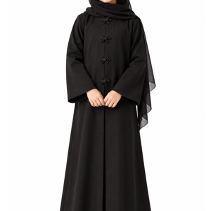 Msquare Fashion Girls’ Black Bella Crepe Abaya with Flower Buttons