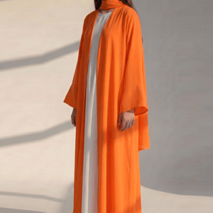 Kids Orange Korean Nida Abaya with White Inner Dress and Matching Scarf
