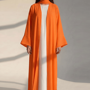 Kids Orange Korean Nida Abaya with White Inner Dress and Matching Scarf