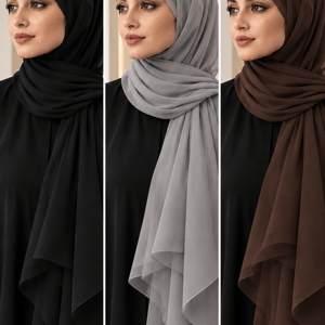 Chiffon Wool Shayla Set of 3 Non-Slip Premium Hijab Scarves, Brown, Grey, Black