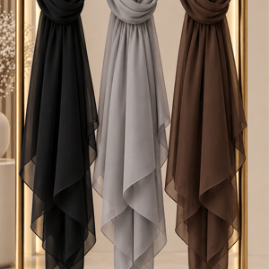 Chiffon Wool Shayla Set of 3 Non-Slip Premium Hijab Scarves, Brown, Grey, Black