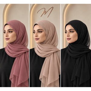Chiffon Wool Shayla Set of 3 Non-Slip Premium Hijab Scarves, Black, Beige, Pink
