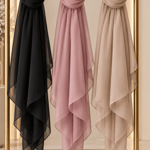 Chiffon Wool Shayla Set of 3 Non-Slip Premium Hijab Scarves, Black, Beige, Pink