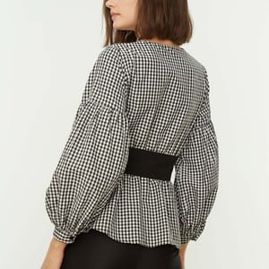 Black Belted Double-Breasted Weave Checkered Blouse - Shirts & Blouses 54