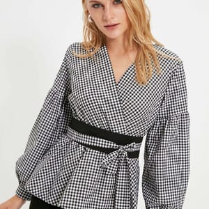 Black Belted Double-Breasted Weave Checkered Blouse - Shirts & Blouses 55