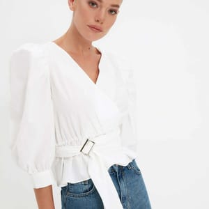 Solid Puff Sleeve Waist Tie-Up Wrap Top