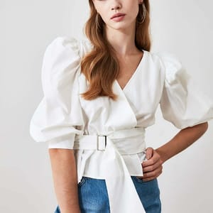 Solid Puff Sleeve Waist Tie-Up Wrap Top - Shirts & Blouses 47