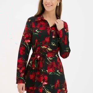 Shirt Collar Floral Patterned Belted Tunic