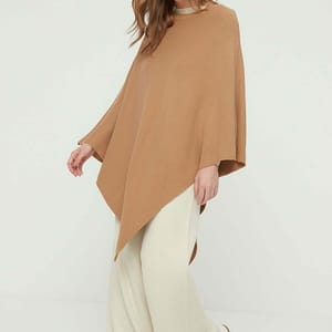 Camel Crew Neck Asymmetrical Poncho Sweater
