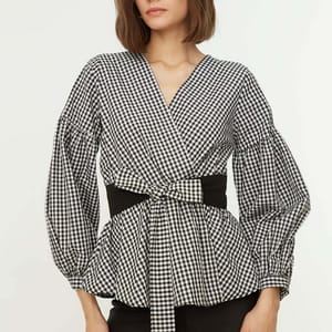 Black Belted Double-Breasted Weave Checkered Blouse