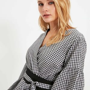 Black Belted Double-Breasted Weave Checkered Blouse - Shirts & Blouses 56