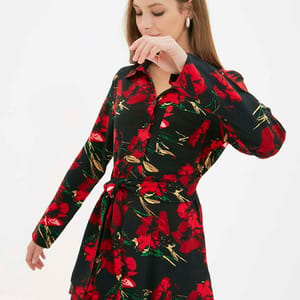 Shirt Collar Floral Patterned Belted Tunic - Tunics 17
