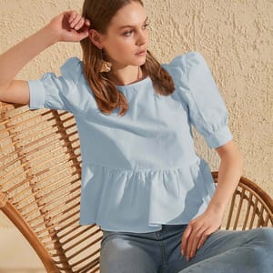 Puff Sleeve Peplum Top - Short Sleeve Tops 42