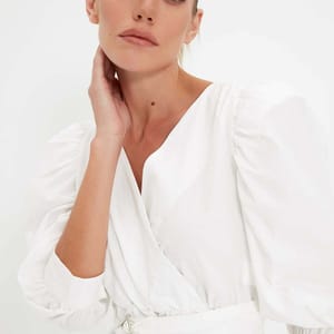 Solid Puff Sleeve Waist Tie-Up Wrap Top - Shirts & Blouses 44