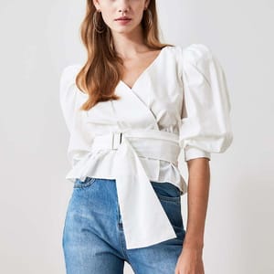 Solid Puff Sleeve Waist Tie-Up Wrap Top - Shirts & Blouses 48