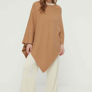 Camel Crew Neck Asymmetrical Poncho Sweater - Sweaters 12
