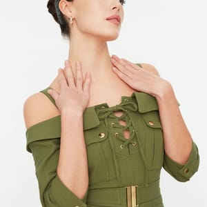 Lace Up Detail Cold Shoulder Dress - Mini Dresses 22