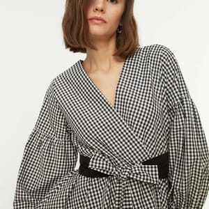 Black Belted Double-Breasted Weave Checkered Blouse - Shirts & Blouses 50