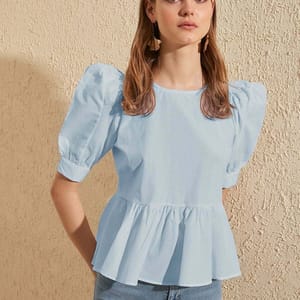 Puff Sleeve Peplum Top - Short Sleeve Tops 43