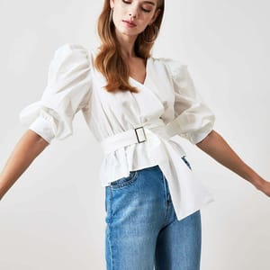 Solid Puff Sleeve Waist Tie-Up Wrap Top - Shirts & Blouses 49