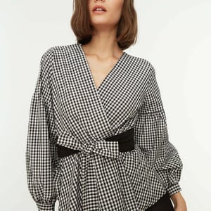 Black Belted Double-Breasted Weave Checkered Blouse - Shirts & Blouses 51