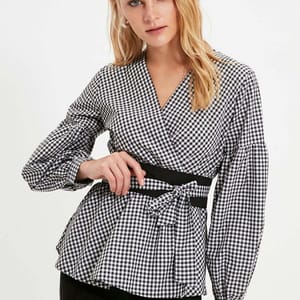 Black Belted Double-Breasted Weave Checkered Blouse - Shirts & Blouses 57