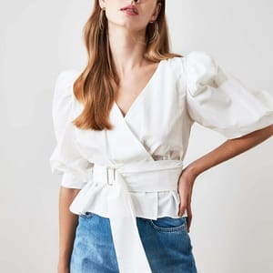 Solid Puff Sleeve Waist Tie-Up Wrap Top - Shirts & Blouses 50