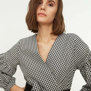 Black Belted Double-Breasted Weave Checkered Blouse - Shirts & Blouses 52