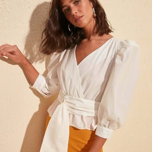 Solid Puff Sleeve Waist Tie-Up Wrap Top - Shirts & Blouses 52