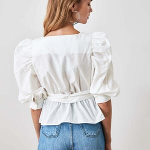 Solid Puff Sleeve Waist Tie-Up Wrap Top - Shirts & Blouses 51
